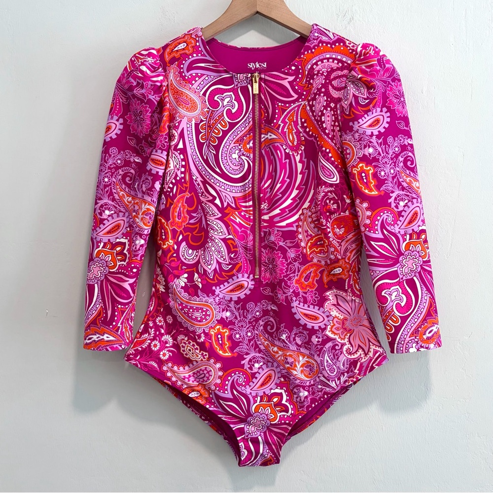 Stylest DreamSculpt Paisley Puff Sleeve Zip One Piece Swimsuit